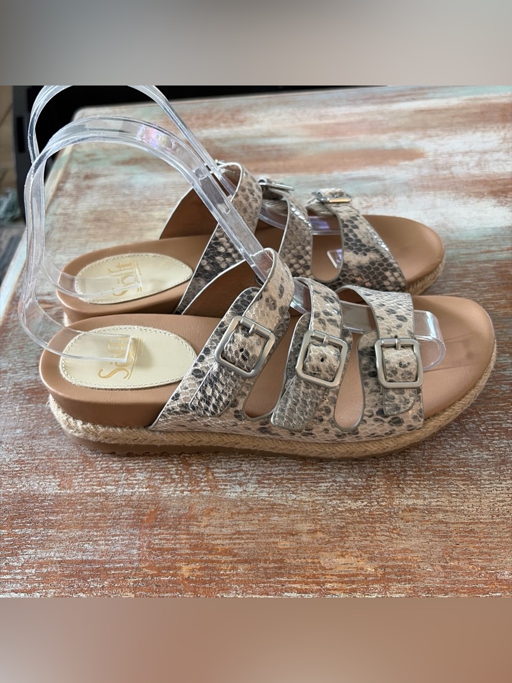 Sofft Breeze Leather Snakeskin Espadrille Slide On Buckle Sandals Women's 7M